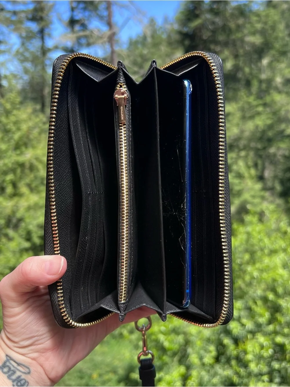COACH Long Zip-Around Black Crossgrain Leather Phone Wallet with Gold Hardware